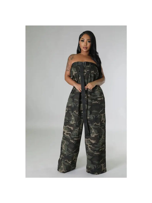 Camo Tube Top Wide Leg Belt Jumpsuit