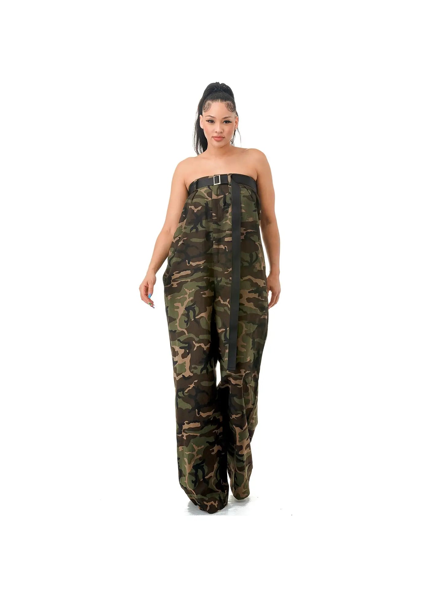 Camo Tube Top Wide Leg Belt Jumpsuit