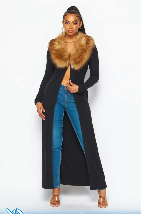 Upgrade You Faux Fur Collar Long Cardigan Sweater